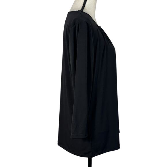 Susan Graver Large Top 3/4 Sleeves Keyhole Pleated Neckline Stretch Black - Picture 3 of 7